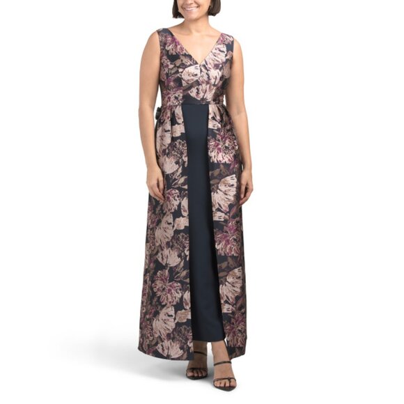 KAY UNGER French Navy Sleeveless Floral Jacquard Walk Through Gown - Picture 1 of 2